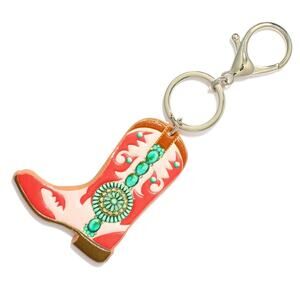 Vegan Leather Coral Turquoise Cowboy Boot Key Ring Bag Charm